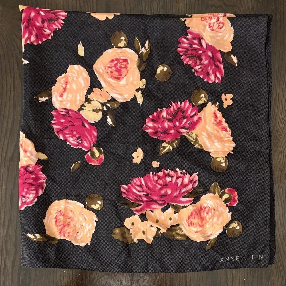 Vintage Anne Klein 100% Silk Scarf 33x33 Black Floral